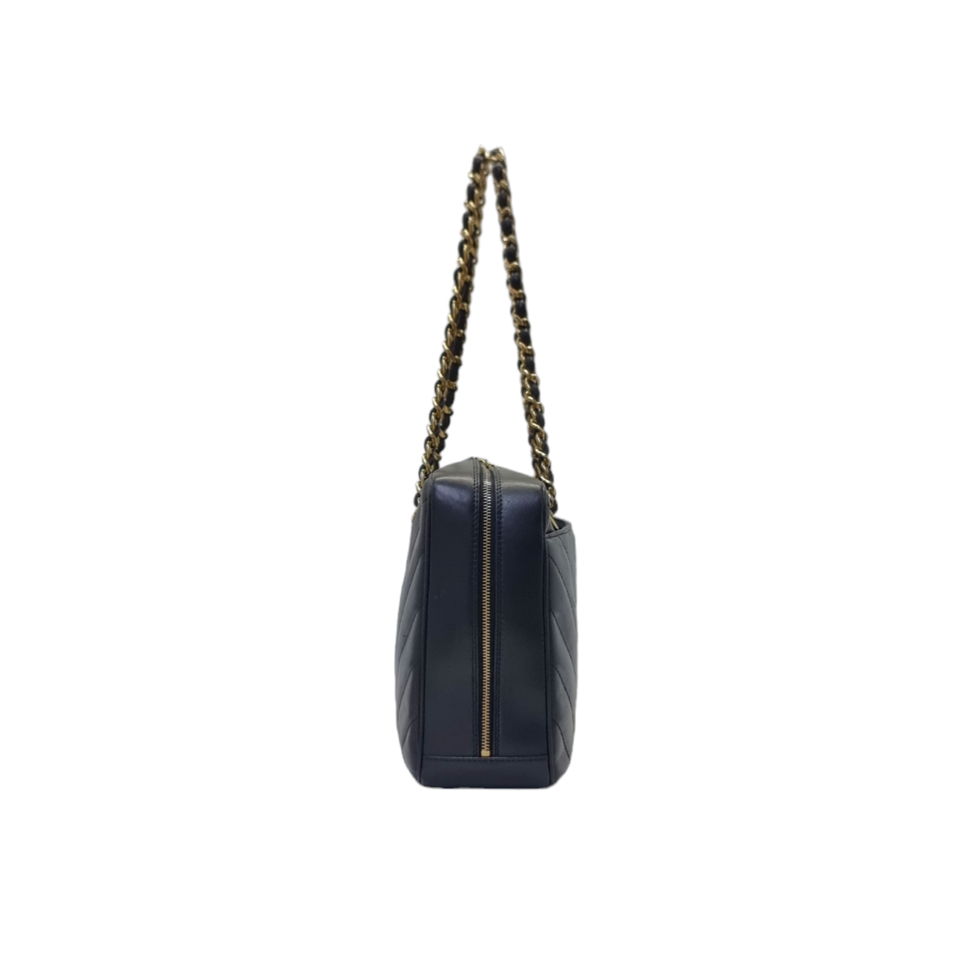 Chanel V-Stitch Chevron Quilted Chain Leather Shoulder Bag Ghw (Black)
