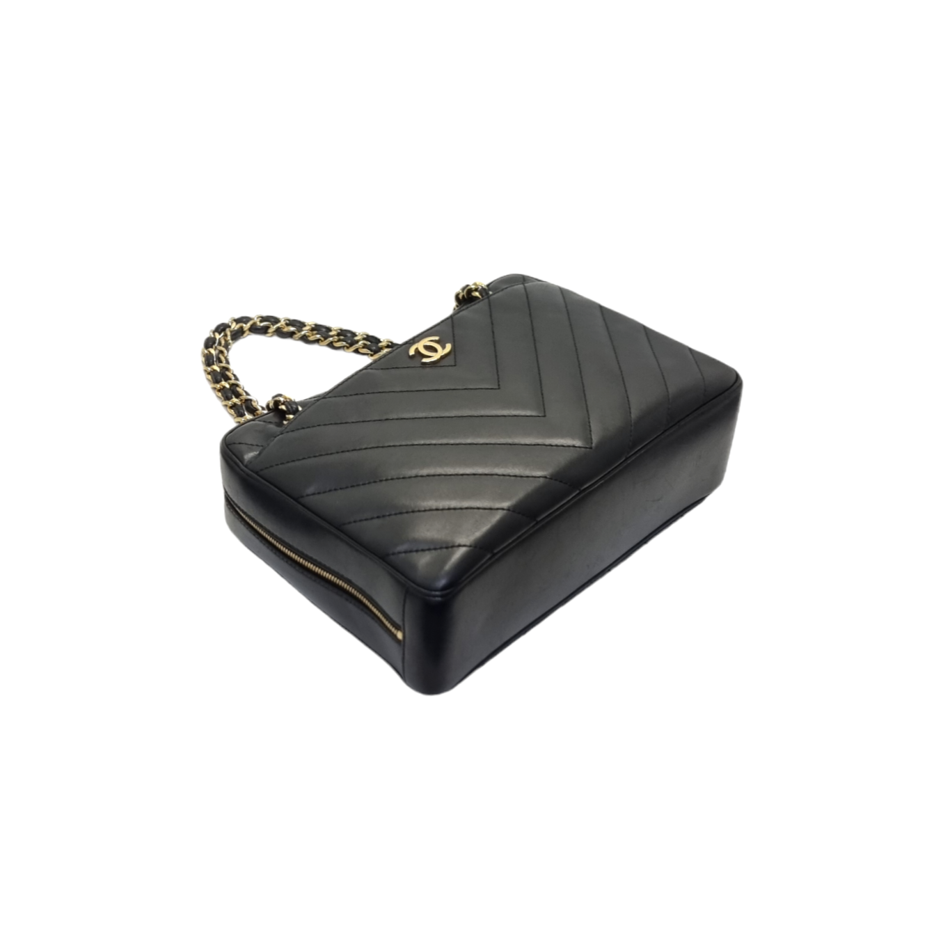 Chanel V-Stitch Chevron Quilted Chain Leather Shoulder Bag Ghw (Black)