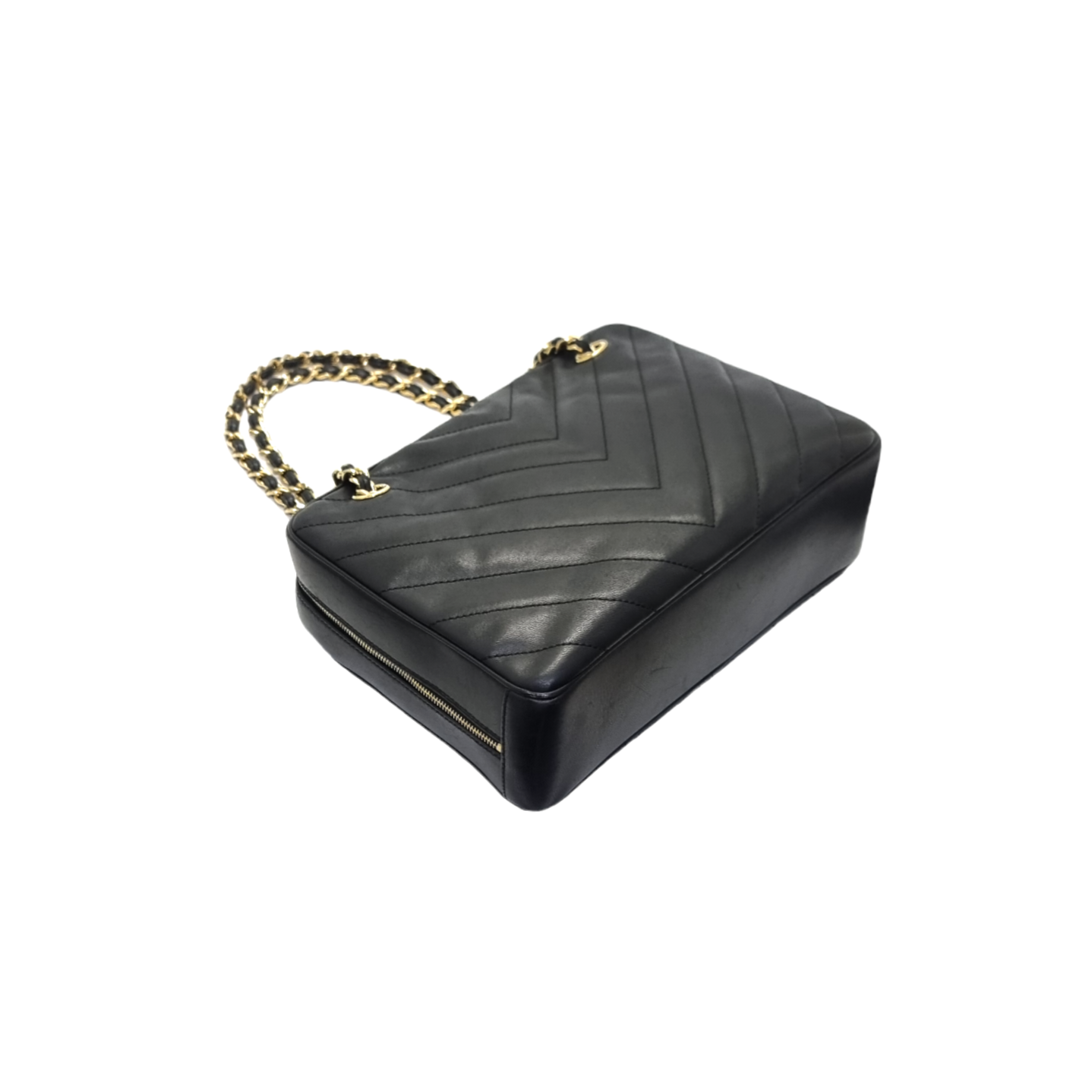 Chanel V-Stitch Chevron Quilted Chain Leather Shoulder Bag Ghw (Black)