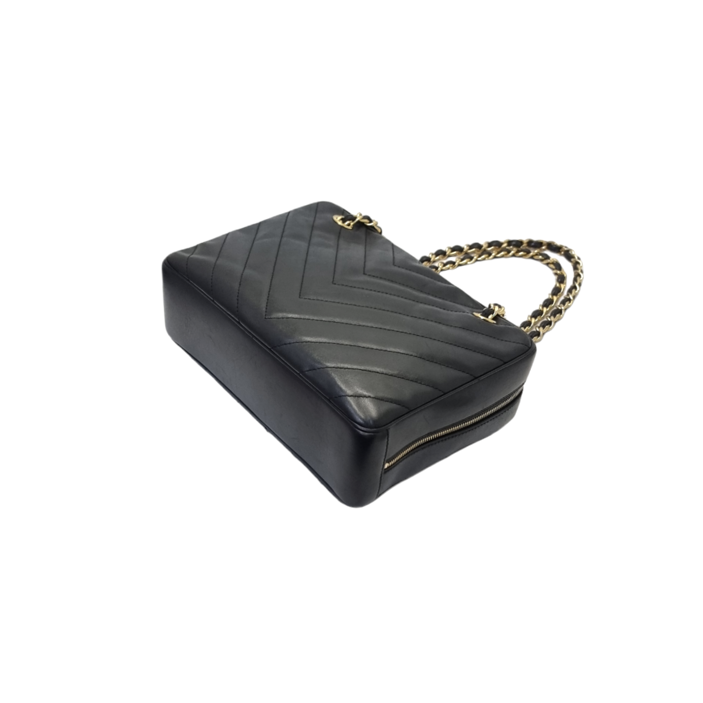 Chanel V-Stitch Chevron Quilted Chain Leather Shoulder Bag Ghw (Black)