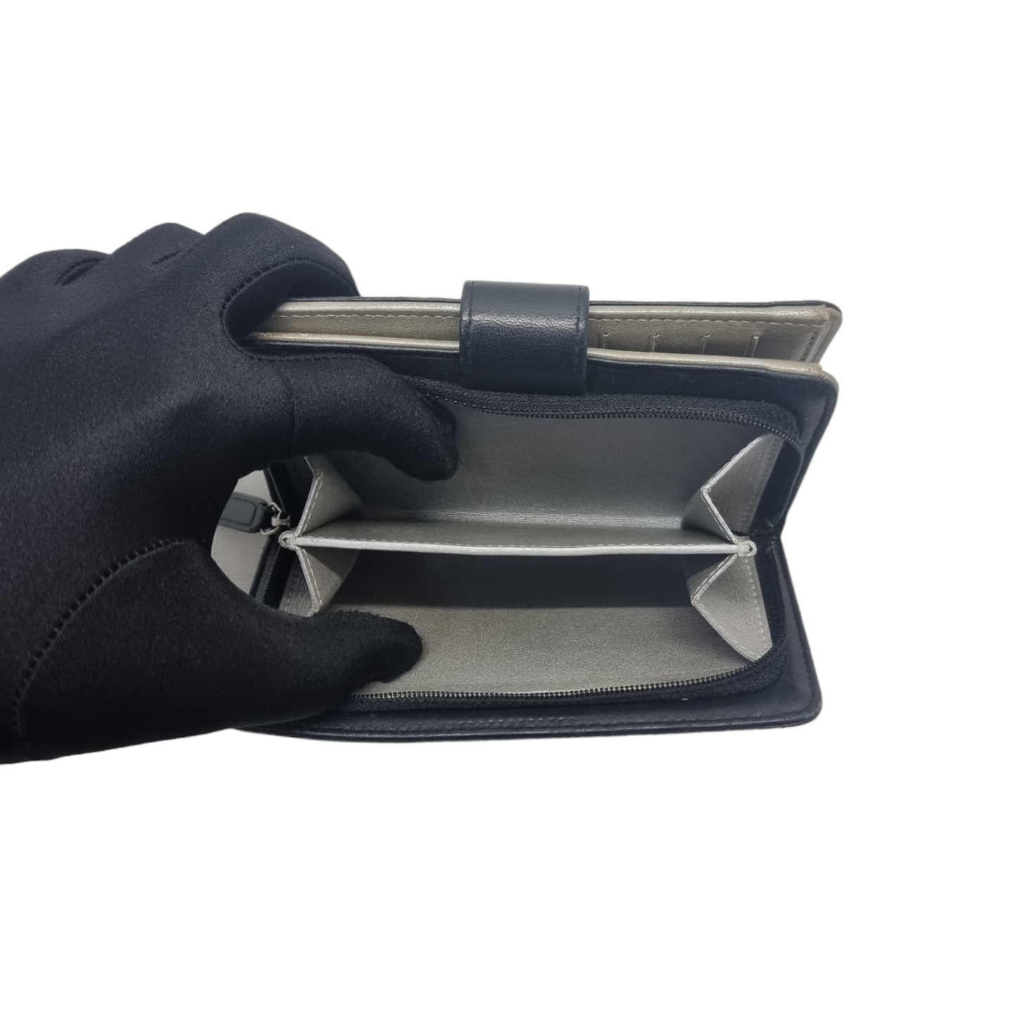 Chanel Camelia Embossed Compact Wallet Lambskin Shw (Black/Silver)