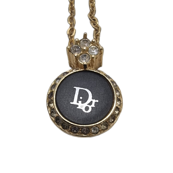 Christian Dior Necklace Pendant Vintage Black Plate Dior Logo Ghw