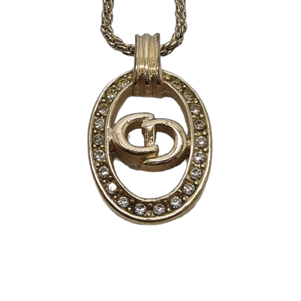 Christine Dior CD Logo Oval Gold Rhinestones Necklace With Pendant