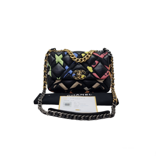 Chanel C19 Flap SS22 Limited Edition Lambskin Nylon Fabric 3 Tone Hw (Black Multicolour)
