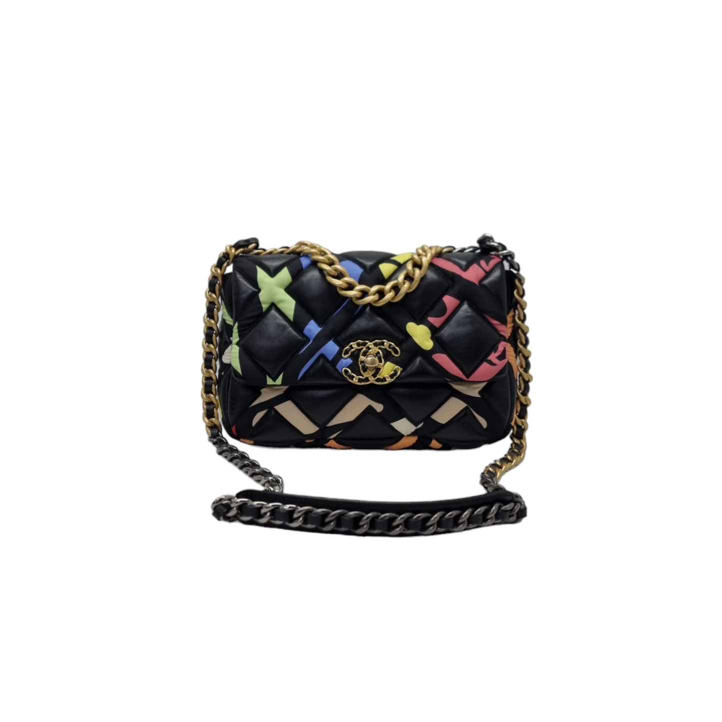 Chanel C19 Flap SS22 Limited Edition Lambskin Nylon Fabric 3 Tone Hw (Black Multicolour)