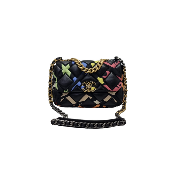 Chanel 22s Flap 19 Limited Edition Lambskin Nylon Fabric 3 Tone Hw (Black Multicolour)