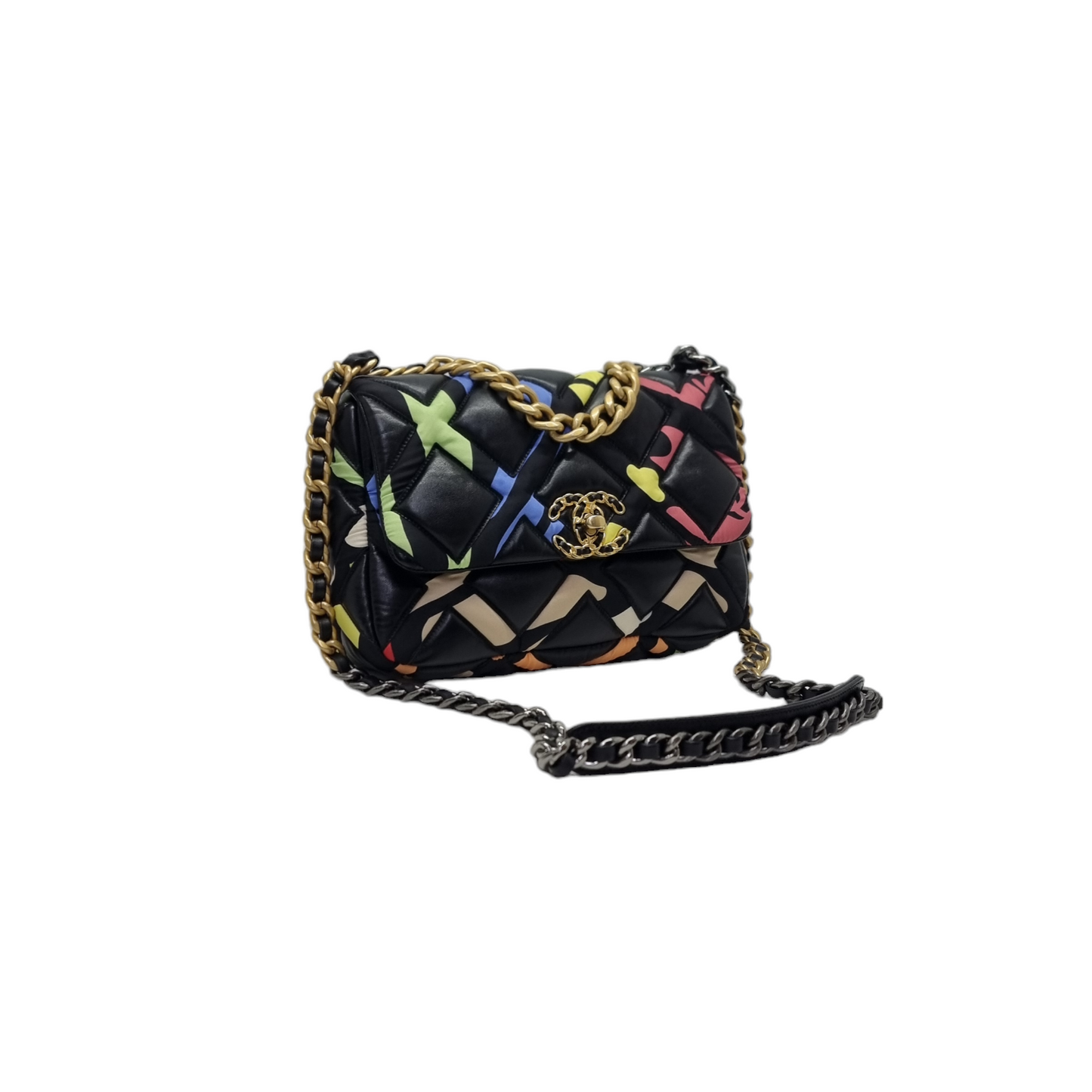 Chanel C19 Flap SS22 Limited Edition Lambskin Nylon Fabric 3 Tone Hw (Black Multicolour)