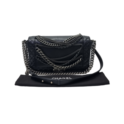 Chanel Boy Flap Enchained Medium Lambskin Ruthenium Hw (Black)