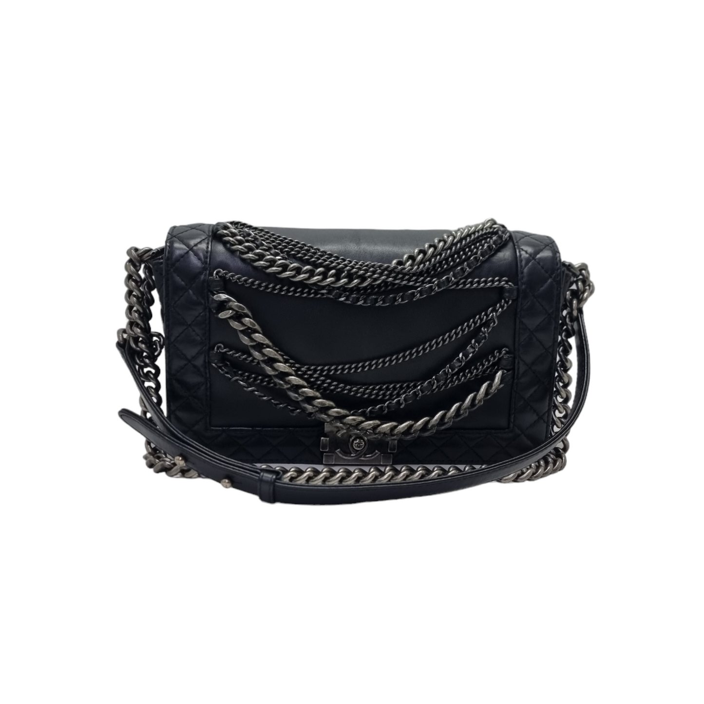 Chanel Boy Flap Enchained Medium Lambskin Ruthenium Hw (Black)