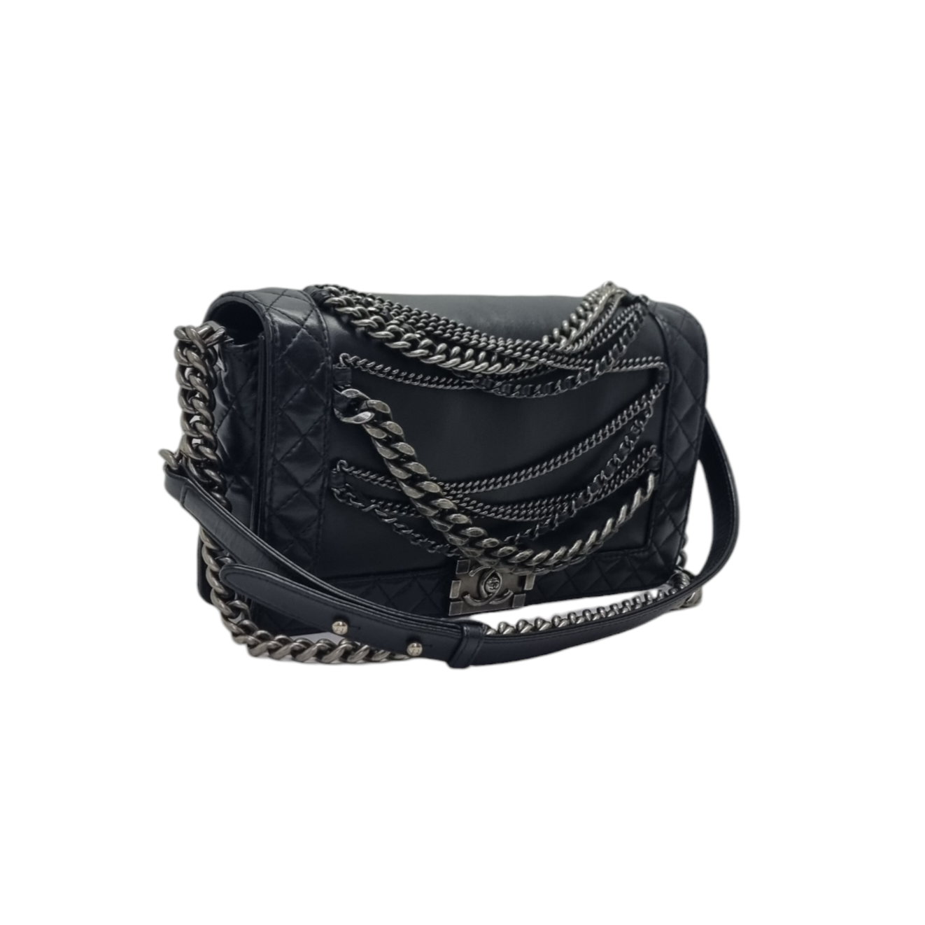 Chanel Boy Flap Enchained Medium Lambskin Ruthenium Hw (Black)
