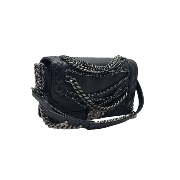 Chanel Boy Flap Enchained Medium Lambskin Ruthenium Hw (Black)