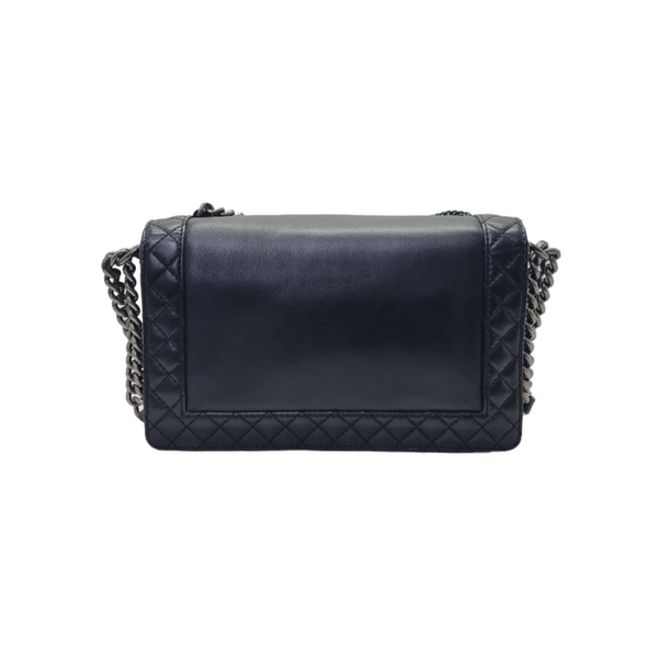 Chanel Boy Flap Enchained Medium Lambskin Ruthenium Hw (Black)