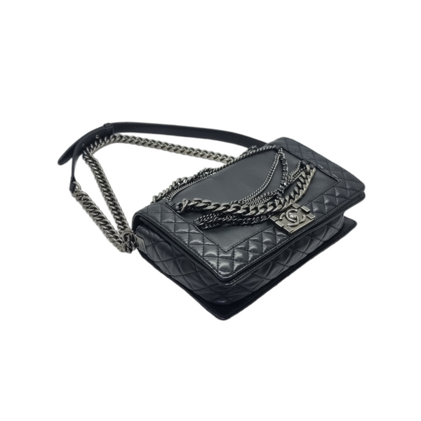 Chanel Boy Flap Enchained Medium Lambskin Ruthenium Hw (Black)