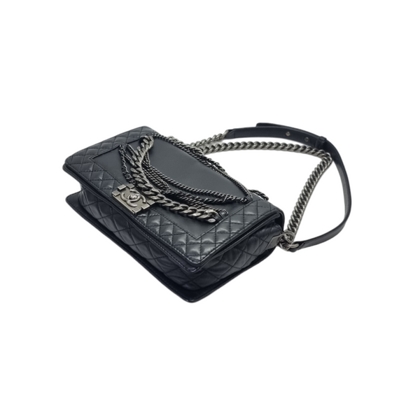 Chanel Boy Flap Enchained Medium Lambskin Ruthenium Hw (Black)