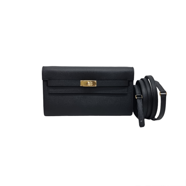 Hermes Classique Kelly To Go Wallet With Strap Epsom Calfskin Ghw (Black)