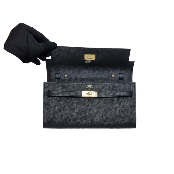 Hermes Classique Kelly To Go Wallet With Strap Epsom Calfskin Ghw (Black)