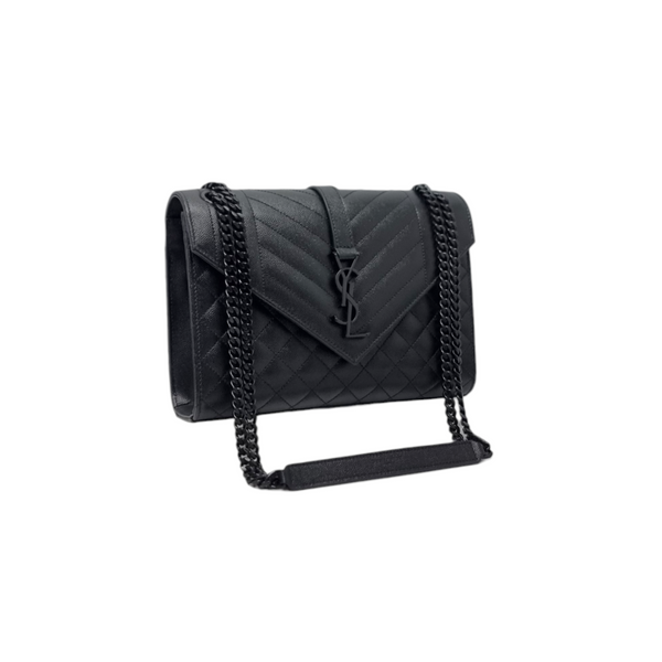 YSL Envelope Medium Quilted Grain Leather Crossbody Matte Black Brass Hw (Black)