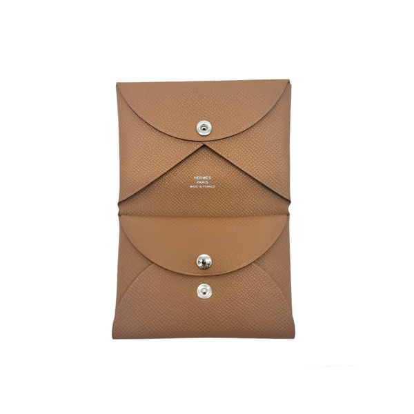 Hermes Calvi Duo Compact Card Holder Epsom Calfskin Palladium Plated Hw (Brown