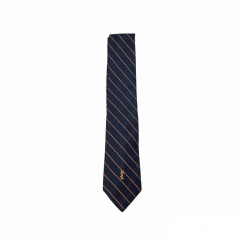 YSL Diagonal Striped Silk Tie (Navy Blue/Brown)