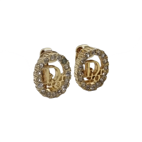 Christian Dior Earrings Rhinestone Embellished Clip On (Gold)