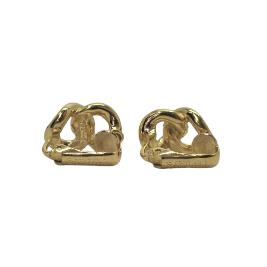 Christian Dior Earrings 1990s Rhinestone Embellished Clip On (Gold/Black)
