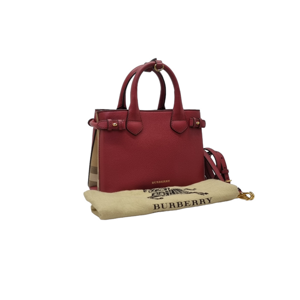 Burberry Banner House Check Leather Small Tote Bag Ghw (Red)