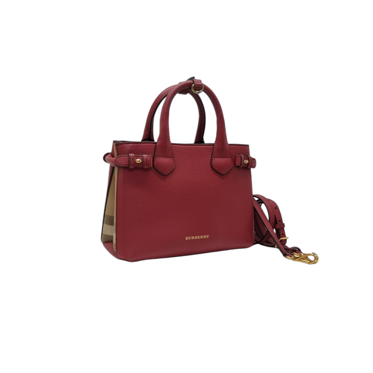Burberry Banner House Check Leather Small Tote Bag Ghw (Red)