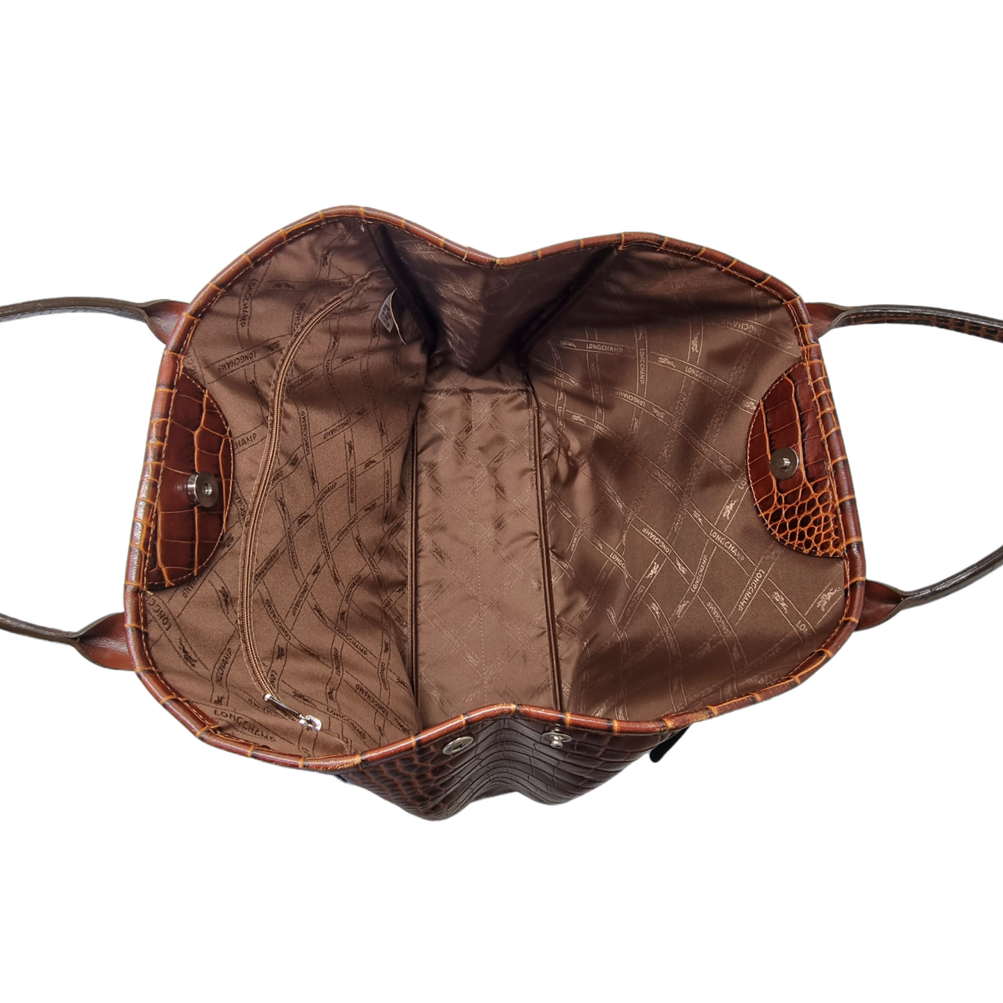 Longchamp Roseau Croc Embossed Leather Top Handle Bag Shw (Dark Brown)