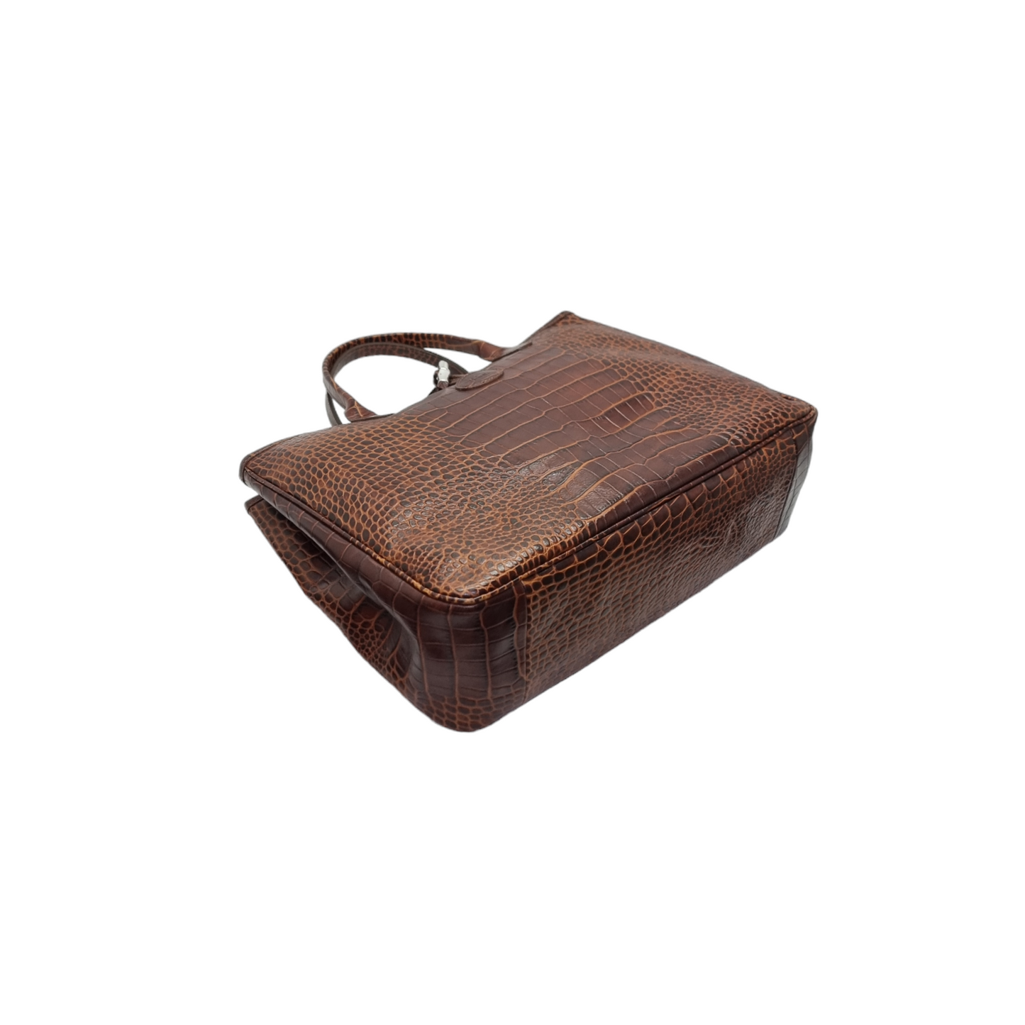 Longchamp Roseau Croc Embossed Leather Top Handle Bag Shw (Dark Brown)