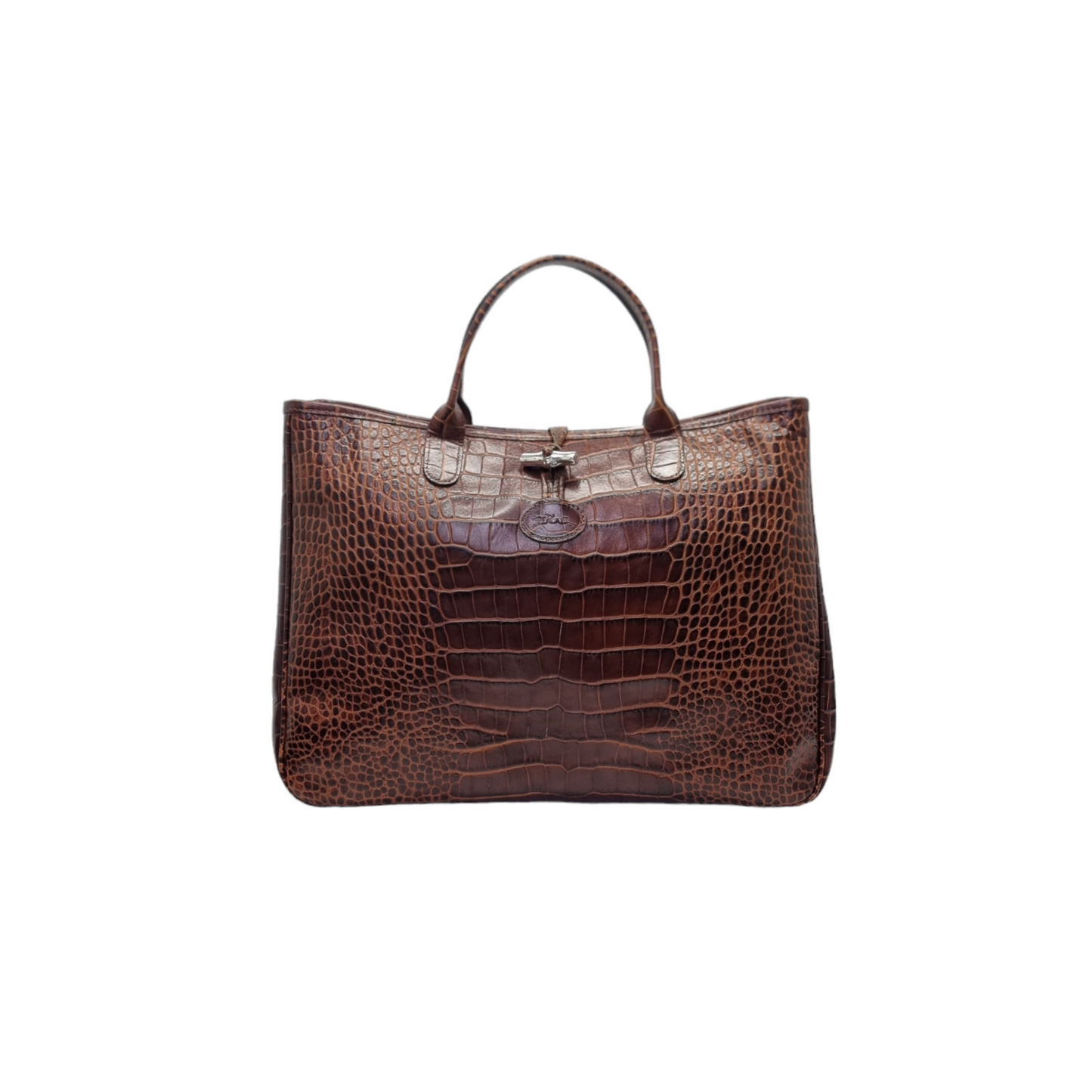 Longchamp Roseau Croc Embossed Leather Top Handle Bag Shw (Dark Brown)