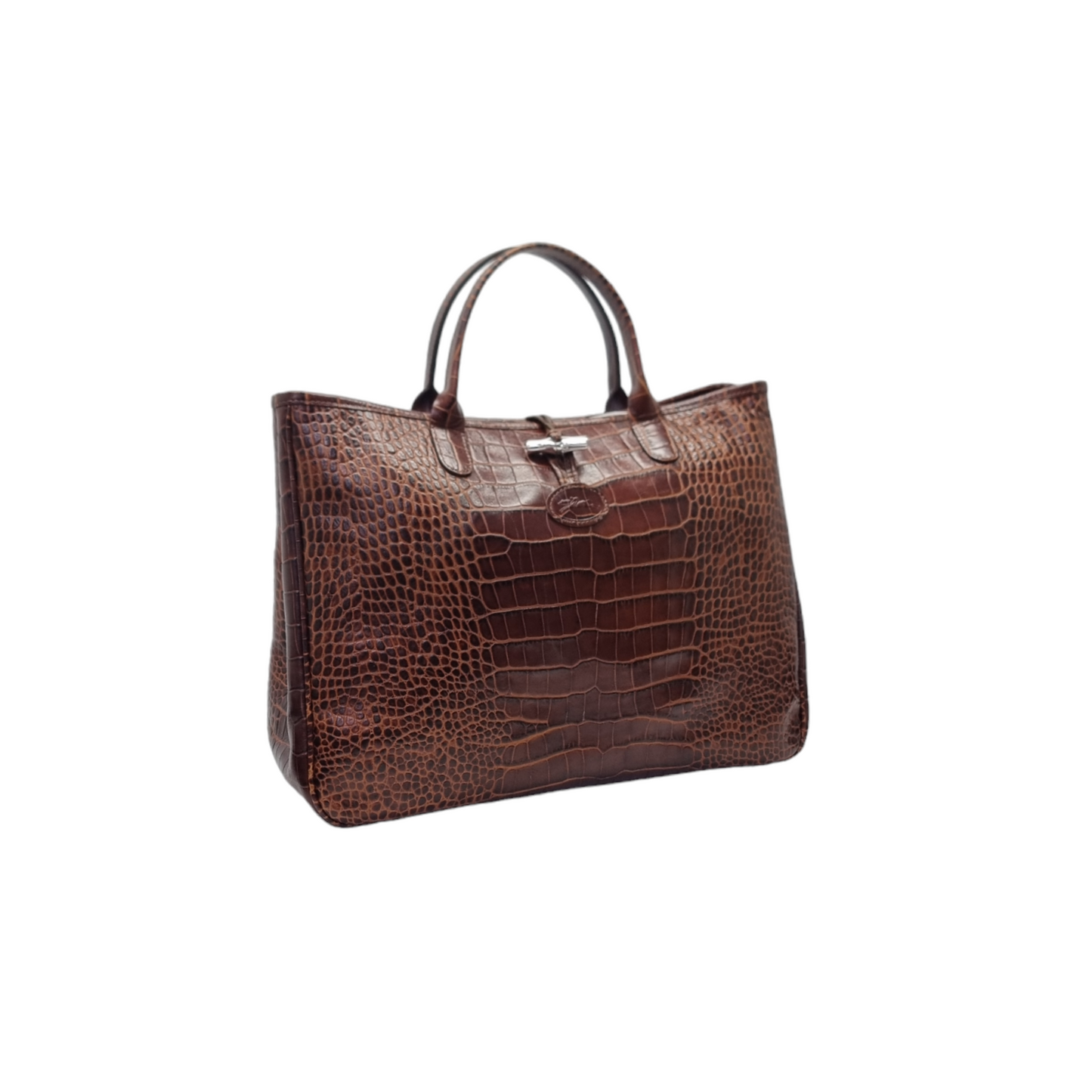 Longchamp Roseau Croc Embossed Leather Top Handle Bag Shw (Dark Brown)