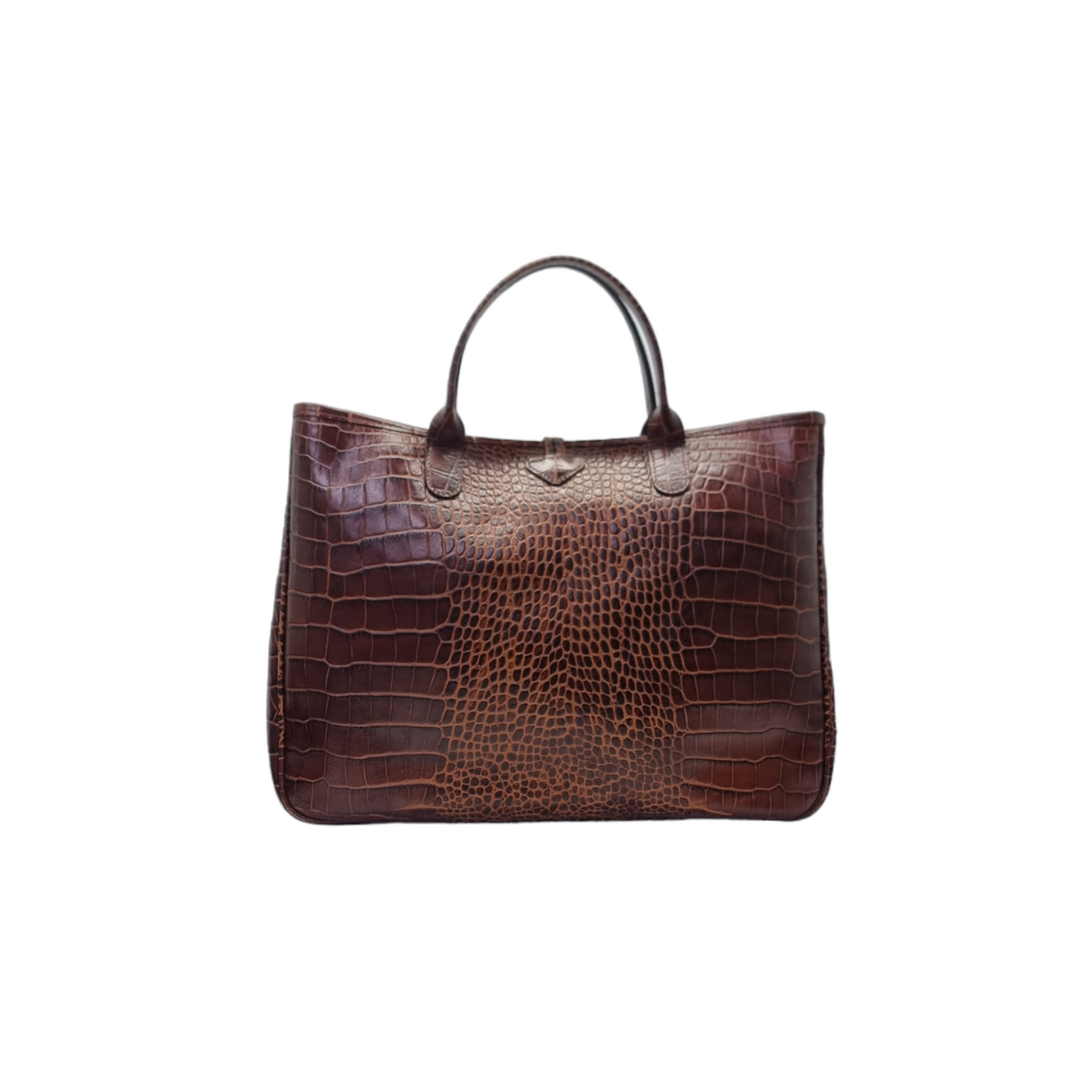 Longchamp Roseau Croc Embossed Leather Top Handle Bag Shw (Dark Brown)