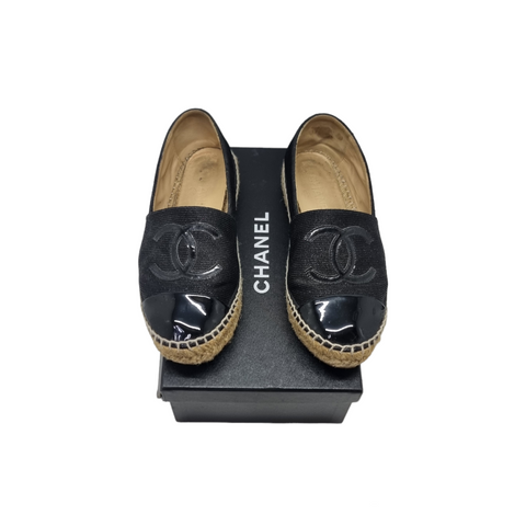 Chanel CC Patent Espadrilles Slip On Shoes (Black)