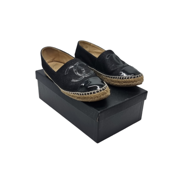 Chanel CC Patent Espadrilles Slip On Shoes (Black)