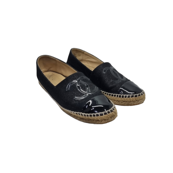 Chanel CC Patent Espadrilles Slip On Shoes (Black)