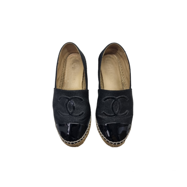 Chanel CC Patent Espadrilles Slip On Shoes (Black)