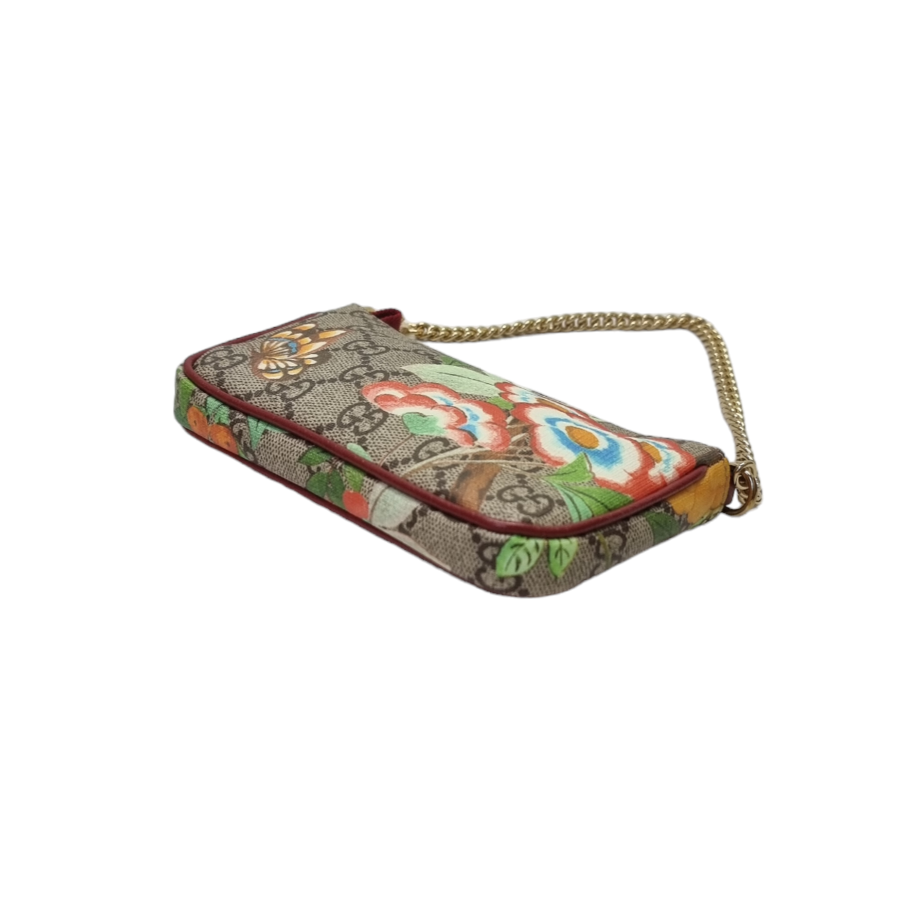 Gucci GG Supreme Tian Mini Chain Wristlet Ghw (Beige Multicolor Red)