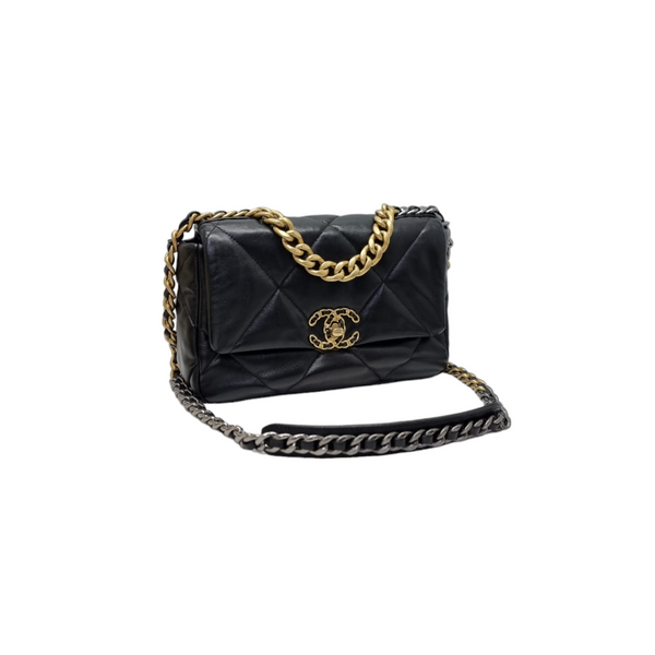 Chanel C19 Small Flap Shiny Lambskin 3 Tone Hw (Black)