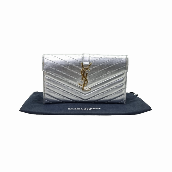 YSL Envelope Clutch Leather Ghw (Metallic Silver)