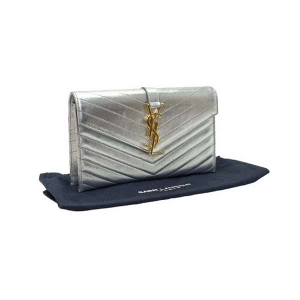 YSL Envelope Clutch Leather Ghw (Metallic Silver)