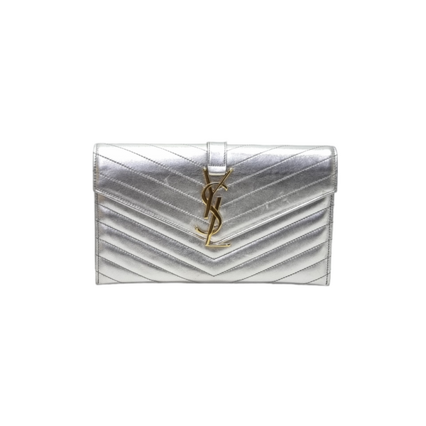 YSL Envelope Clutch Leather Ghw (Metallic Silver)