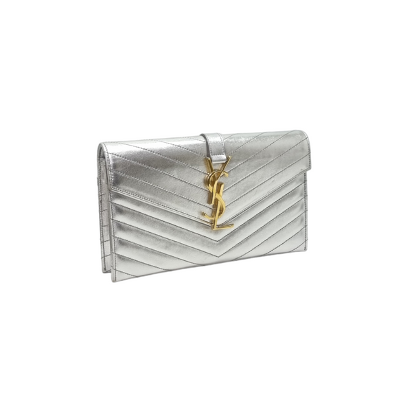 YSL Envelope Clutch Leather Ghw (Metallic Silver)