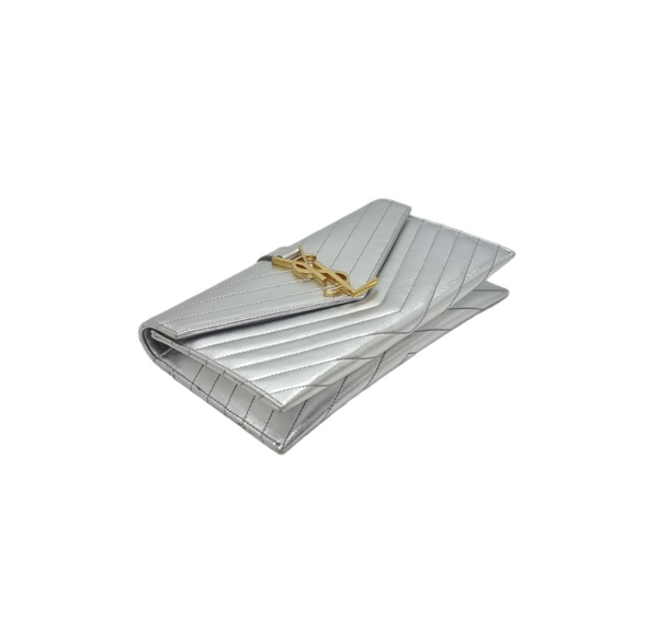 YSL Envelope Clutch Leather Ghw (Metallic Silver)