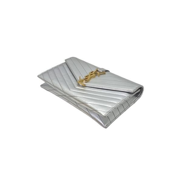 YSL Envelope Clutch Leather Ghw (Metallic Silver)