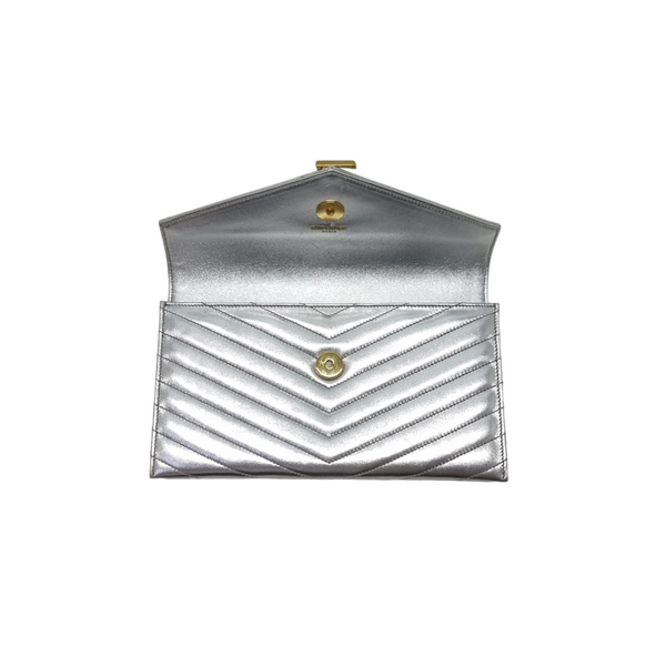 YSL Envelope Clutch Leather Ghw (Metallic Silver)