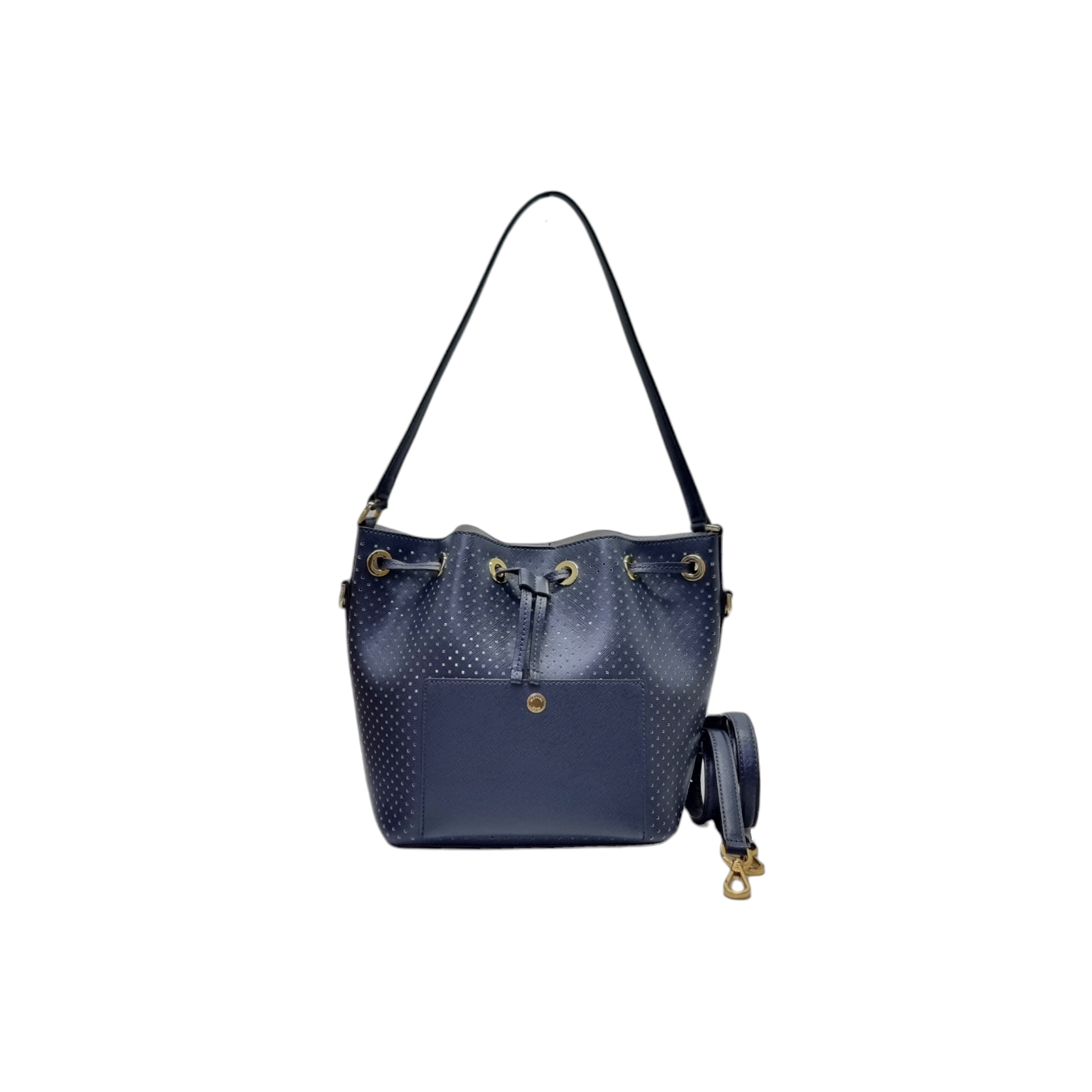 Michael Kors Greenwich Medium Perforated Leather Bucket Bag Ghw (Navy Blue)