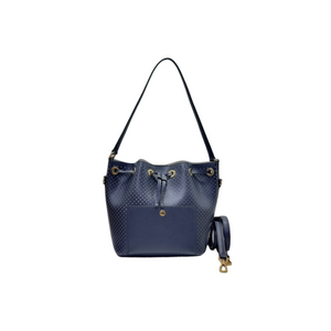 Michael Kors Greenwich Medium Perforated Leather Bucket Bag Ghw (Navy Blue)