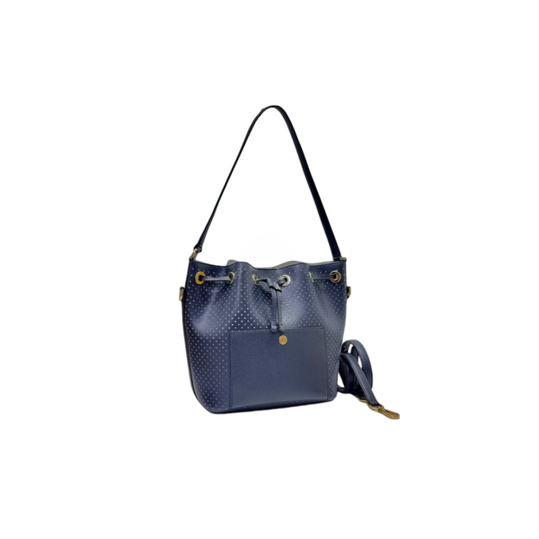 Michael Kors Greenwich Medium Perforated Leather Bucket Bag Ghw (Navy Blue)