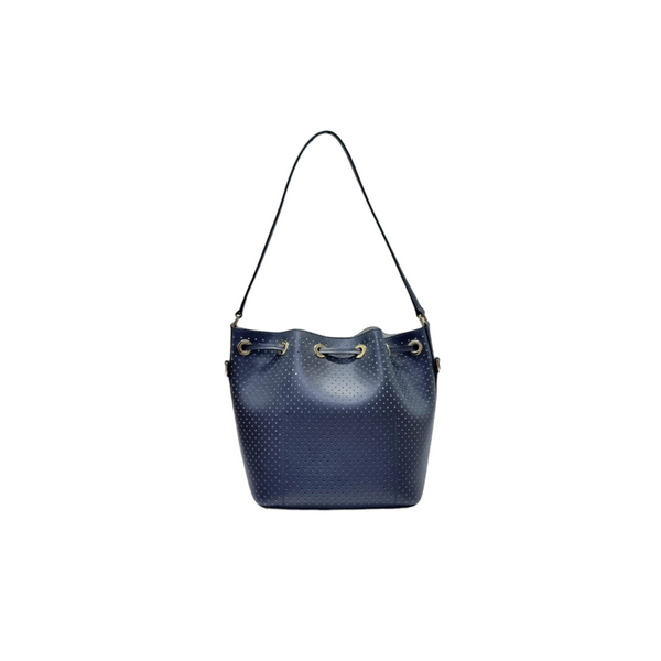 Michael Kors Greenwich Medium Perforated Leather Bucket Bag Ghw (Navy Blue)