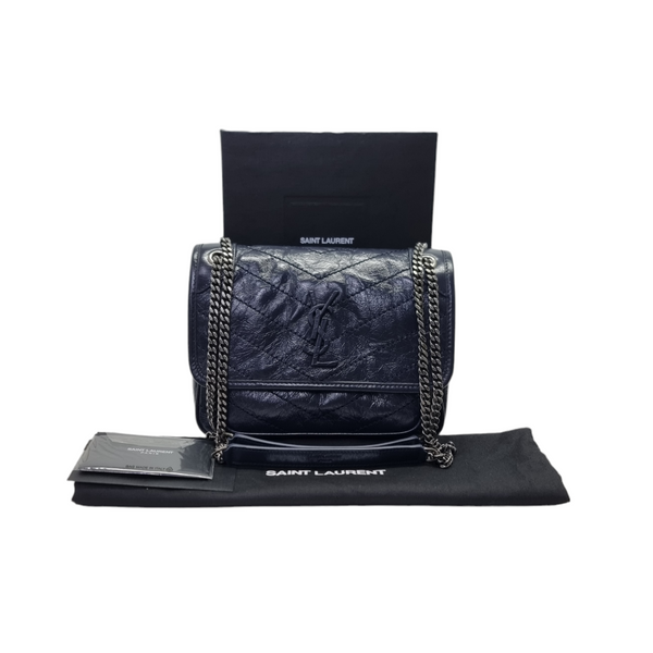 YSL Niki Baby Vintage Calf Leather Crossbody Brushed Palladium Hw ( Dark Blue)